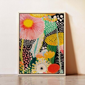 Colorful Floral Wall Art Framed Canvas Print Yayoi Kusama Inspired Botanical Artwork Modern Flower Painting Vibrant Japandi Home Decor