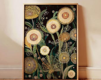 Löwenzahn-Wandkunst gerahmte Leinwand Grüne Kunstwand Yayou Kusama inspirierte Blumenkunst für Wohnzimmer-Schlafzimmerdekor Löwenzahn-Kunstwerk