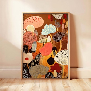 Warm Botanical Wall Art Framed Canvas Print Yayoi Kusama Inspired Abstract Floral Decor Earth Tones Modern Japandi Artwork Ready to Hang