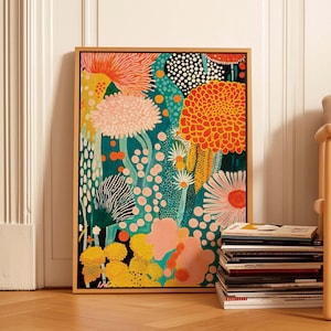 Yayoi Kusama Inspired Canvas Framed Abstract Botanical Wall Art Print Japandi Floral Art  Colorful Wallart Mid Century Housewarming Gift