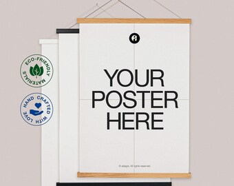 May include: A white poster with black text that reads "YOUR POSTER HERE" and a small copyright symbol with the text "adagio. All rights reserved". The poster is hanging on a wall with a wooden frame and black hanging hardware.