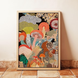 Pilz Leinwand Wandkunst eingerahmt Abstrakter botanischer Druck Yayoi Kusama Inspiriert von Polka Dot Kunstwerk Floating Frame Modernes Japandi-Dekor