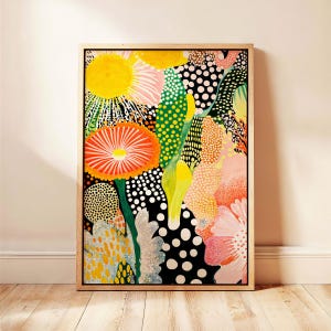 Yayoi Kusama Inspired Art Framed Canvas Print Botanical Polka Dot Colorful Japandi Wall Decor Abstract Floral Artwork Ready to Hang Gift