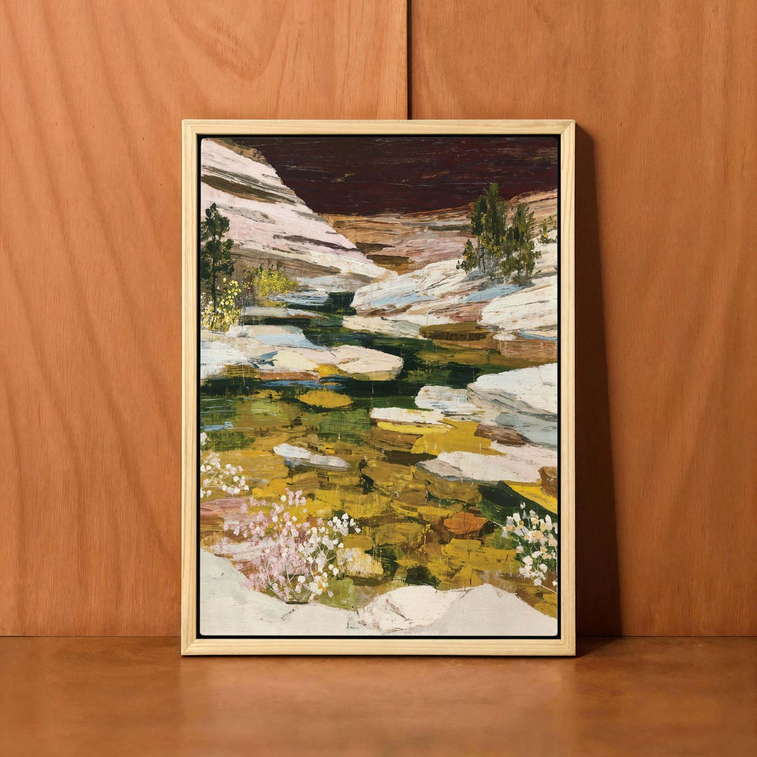Abstract River Landscape Framed Canvas Print, Rustic Mountain Artwork ...
