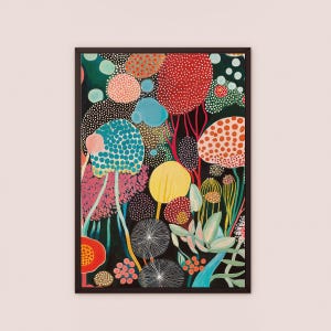 Abstract Botanical Wall Art Framed Canvas Print Yayoi Kusama Inspired Japandi Floral Art Mid-Century Wall Decor Colorful Wallart