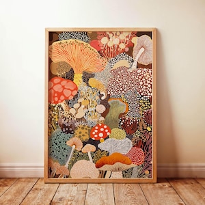 Stampa murale di funghi ispirata a Yayoi Kusama, poster senza cornice, stampa astratta di funghi, opera d'arte floreale moderna per decorazioni Japandi o minimali.