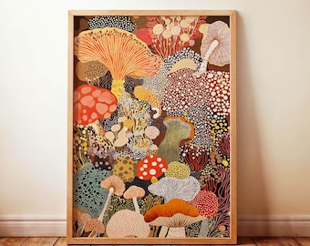 Mushroom Wall Art Yayoi Kusama Inspired Poster Unframed Abstract Fungi Print Modern Floral Artwork for Japandi or Minimal Decor