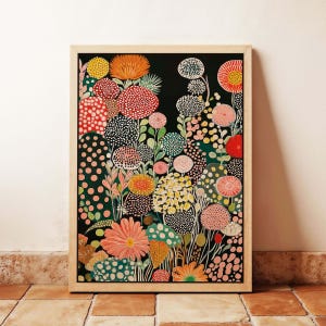 Yayoi Kusama Inspired Print Framed Canvas Mid-Century Modern Polka Art Japandi Floral Print Abstract Large Wall Art for Living Room