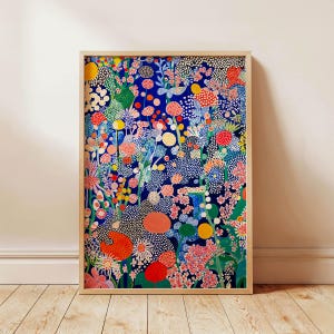 Stampa floreale blu da parete, ispirata a Yayoi Kusama, stampa botanica giapponese astratta, opera d'arte a pois, senza cornice, decorazione moderna