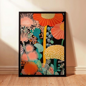 Colorful Botanical Wall Art Framed Canvas Print Yayoi Kusama Inspired Polka Dot Floral Artwork Japandi Decor for Living Room or Gift