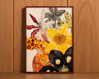 Può includere: Un dipinto ad acquerello incorniciato con una vivace composizione floreale. L'opera presenta una varietà di fiori nei toni del giallo, nero, arancione e bianco, con una cornice rosso scuro. Il dipinto è esposto su uno sfondo di legno.