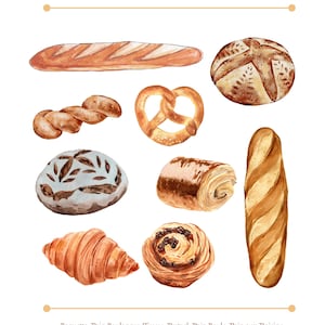 Vintage französische Brotkarte, Vintage Weihnachten, Download Designs, Brot aus Frankreich, Baguette, Croissant, Paris, Aquarell.
