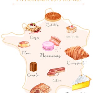 Vintage Pastry French Map, Vintage Christmas, Download designs, Pastry from France, Paris, Croissant, Macarons, Lemon Tart, Watercolor.