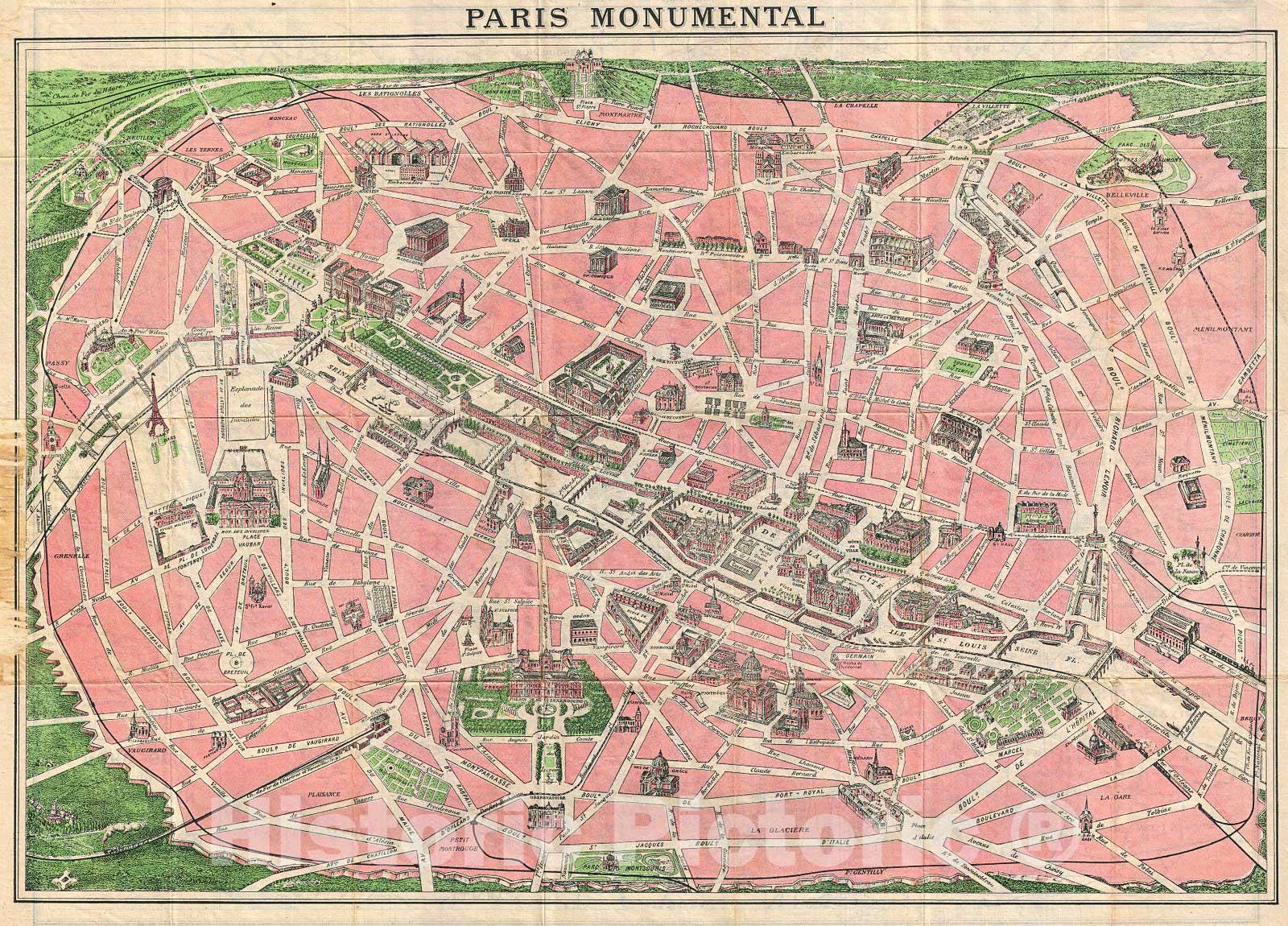 Old French Map of Paris retro and monuments, year 1926 vintage Antique Retro landmarks map, Vintage Paris Map metro Green Pink, France