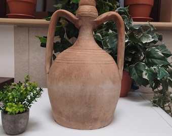 Antique Apulian terracotta vase from Grottaglie, early 19th century, clay vase, quartara amphora, jar, jug, vintage capasa