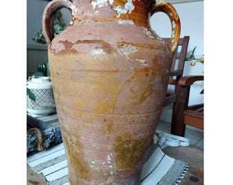 Antique Apulian capasa amphora in glazed terracotta made in Grottaglie in the 19th century, vintage vase, jar, jug, H=45 cm
