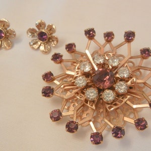 Gorgeous vintage layered purple clear Rhinestone Brooch Gold filled Earrings