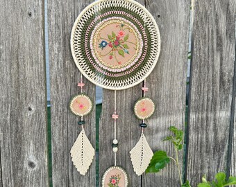 Handmade Floral Embroidered Dreamcatcher | Boho Beaded Wall Hanging