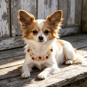 Könnte beinhalten: Ein kleiner Hund mit langem, weiß-braunem Fell, der eine goldfarbene Halskette mit roten Edelsteinen und Perlen trägt. Der Hund liegt auf einer Holzoberfläche und schaut direkt in die Kamera.