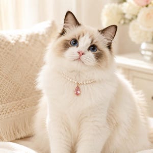 May include: A fluffy white and cream-colored cat with bright blue eyes wearing a necklace made of small white pearls. The necklace features a single, teardrop-shaped pink crystal pendant that hangs centrally at the base of the cat's neck.