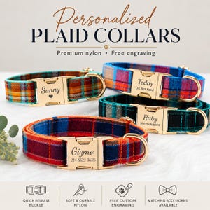 Personalized Plaid Dog Collar with Engraved Buckle, Optional Bow Tie and Matching Leash