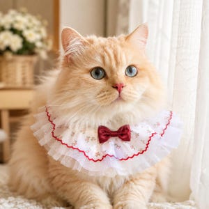Könnte beinhalten: Eine flauschige, hellorange Katze mit blauen Augen trägt ein weißes Spitzenhalsband mit Blumenmuster und einer kleinen roten Schleife. Der Kragen hat einen roten Zierrand. Die Katze sitzt drinnen in der Nähe eines Fensters.