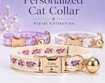 Personalized Floral Woven Cat Collar with Engraved Buckle, Bell and Matching Leash
