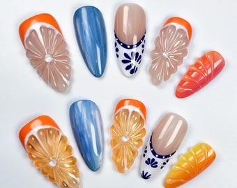 Orange fruit press on nails, almond/oval Shape, unique cute, handmade Nails, 3D gel nails, birthday holiday Christmas nails, Gifts for her