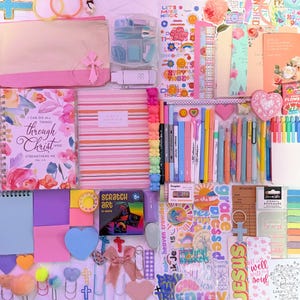 Bible Journaling Kit: The Overflow Blessing Box, 124+ Items, Stickers, Washi Tape, Highlighters, Pens, Bookmarks