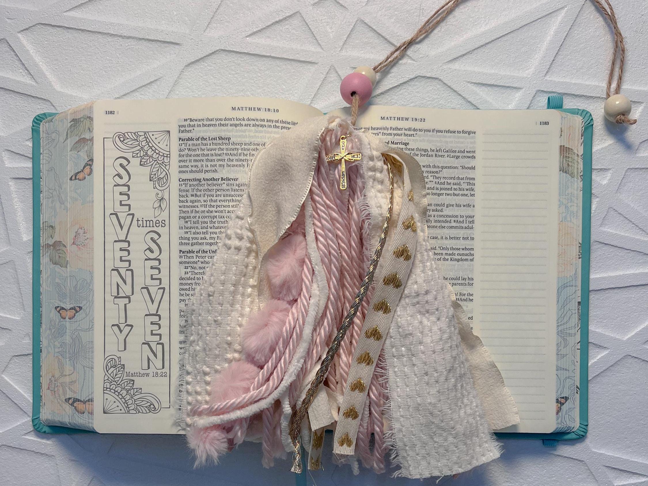 Pink & Gold Bible Tassel: Handmade Christian Bookmark with Cross Charm