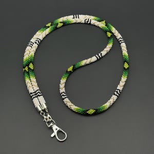 Beaded lanyard for ID badges, Native American-inspired, green and white handmade rope necklace, multifunctional badge holder