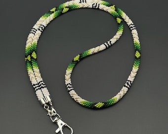 Beaded lanyard for ID badges, Native American-inspired, green and white handmade rope necklace, multifunctional badge holder