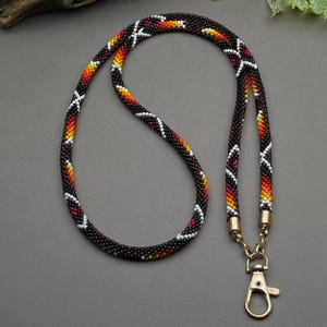 Brown Beaded Lanyard and Keychain – Native Style ID Badge Holder Necklace – Handmade Work Accessory Gift for Women