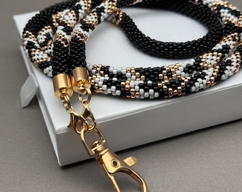 Gift for Teacher – Elegant Beaded Lanyard, Functional Jewelry for Educators, Badge Necklace with Gold Clasp