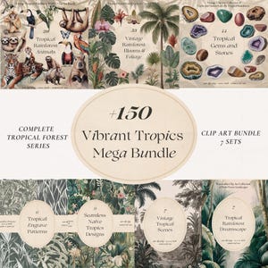 May include: A digital clip art bundle featuring over 150 vibrant tropical rainforest illustrations. The bundle includes 7 sets of images, including tropical animals, plants, flowers, gems, and stones. The images are perfect for creating digital designs, scrapbooking, and other creative projects.