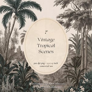 Cartões postais tropicais vintage – 7 PNG ilustrações de paisagens em sépia e verde-sálvia, impressões em aquarela envelhecidas, arte retrô da selva, uso comercial