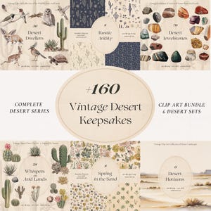 Ultimate Desert Biome Bundle: ponad 160 elementów – zwierzęta, rośliny, skały, krajobrazy, bezszwowe wzory | Styl vintage, zastosowanie komercyjne, PNG/JPG