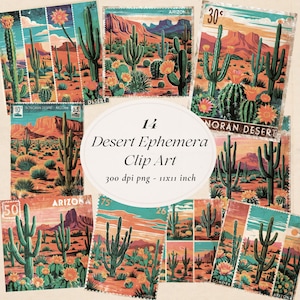 Linolschnitt Wüste Clip Art | 14 PNG Vintage Postkarten, Briefmarken | Sonoran Cactus, Blumen Junk Journals, Drucke, Scrapbooking | Digitaler Download