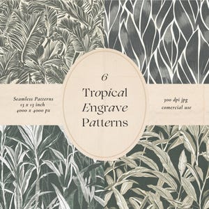 May include: Six seamless tropical leaf patterns in black and white with an engraved look. The patterns are 13 inches by 13 inches and 4000 pixels by 4000 pixels. The patterns are 300 dpi jpg files for commercial use.