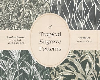 Motivi senza soluzione di continuità con incisione tropicale / Incisione botanica vintage / Elegante carta digitale per tessuti e stampe