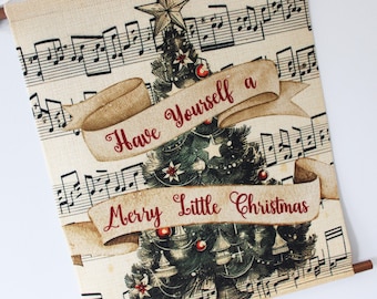 Merry Little Christmas Banner - Vintage Holiday Decor | Musical Christmas Wall Art | Festive Fabric Decoration | Traditional Xmas Banner
