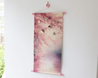 Long Sakura Mist Pin Banner - Cherry Blossom Display | Tranquil Fabric Pin Banner | Soft Pink Nature Decor | Enamel Pin Holder