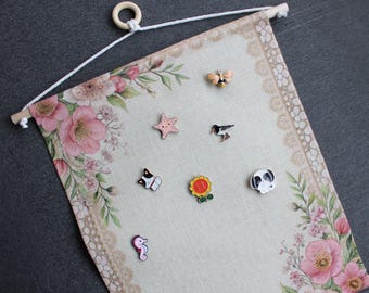 Vintage Floral Pin Banner - Shabby Chic Pin Display | Romantic Fabric Pin Pennant | Cottagecore Enamel Pin Holder | Feminine Wall Decor