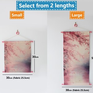 May include: Two wall hangings with a pink floral design, available in two sizes. The small hanging is 30cm (11.8 inches) wide and tall. The large hanging is 30cm (11.8 inches) wide and 54cm (21.3 inches) tall. The text "Select from 2 lengths" is at the top.