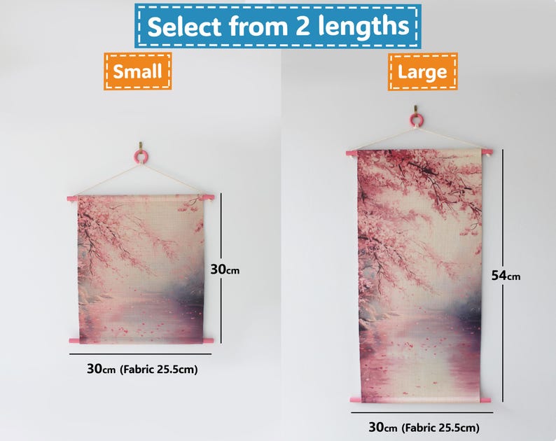 May include: Two wall hangings with a pink floral design, available in two sizes. The small hanging is 30cm (11.8 inches) wide and tall. The large hanging is 30cm (11.8 inches) wide and 54cm (21.3 inches) tall. The text "Select from 2 lengths" is at the top.