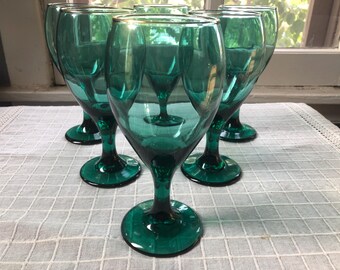 Set of 6 Libby "Juniper" green glass goblets with 24k gold rim - handblown glassware