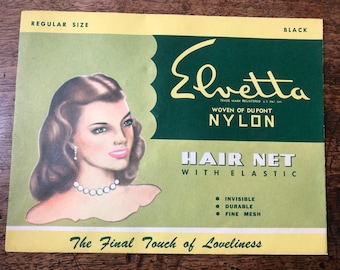 Vintage 1940s Elvetta Hair Net – DuPont Nylon, Black, Regular Size (Original Package)