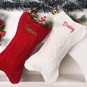 Custom Christmas Stockings - Personalized Name Embroidery, Farmhouse Knit, Dog Bone Stocking, Holiday & Xmas Stockings, Christmas Ornaments