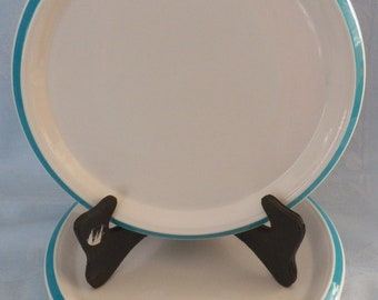 Vintage Shenango China 9” Dinner Plate White w/Turquoise Band Set of 4