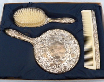 Paul Revere Silversmiths 3-Piece Silver Plated Dresser Set Mirror Brush Comb #231 Monogrammed “M”